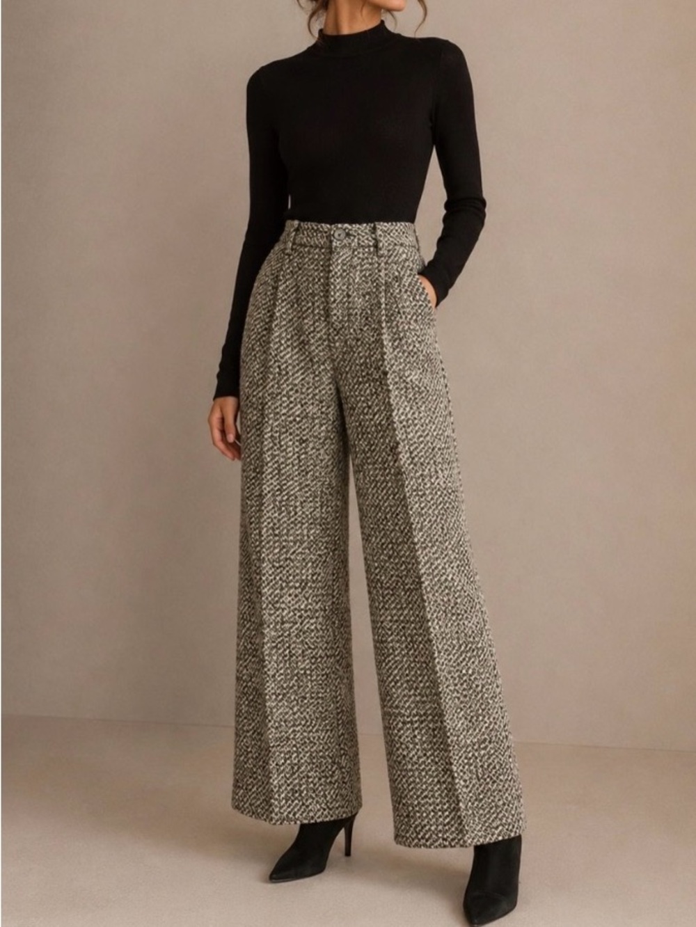 NWT Commense Black & White Wide-Leg Tweed Pants